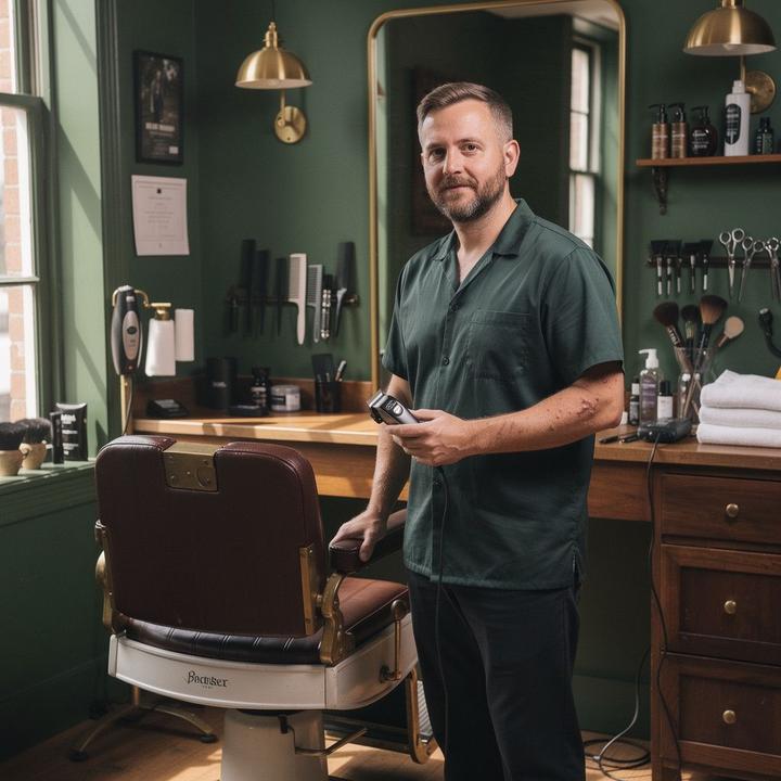 Barber standing beside his chair with clippers in hand