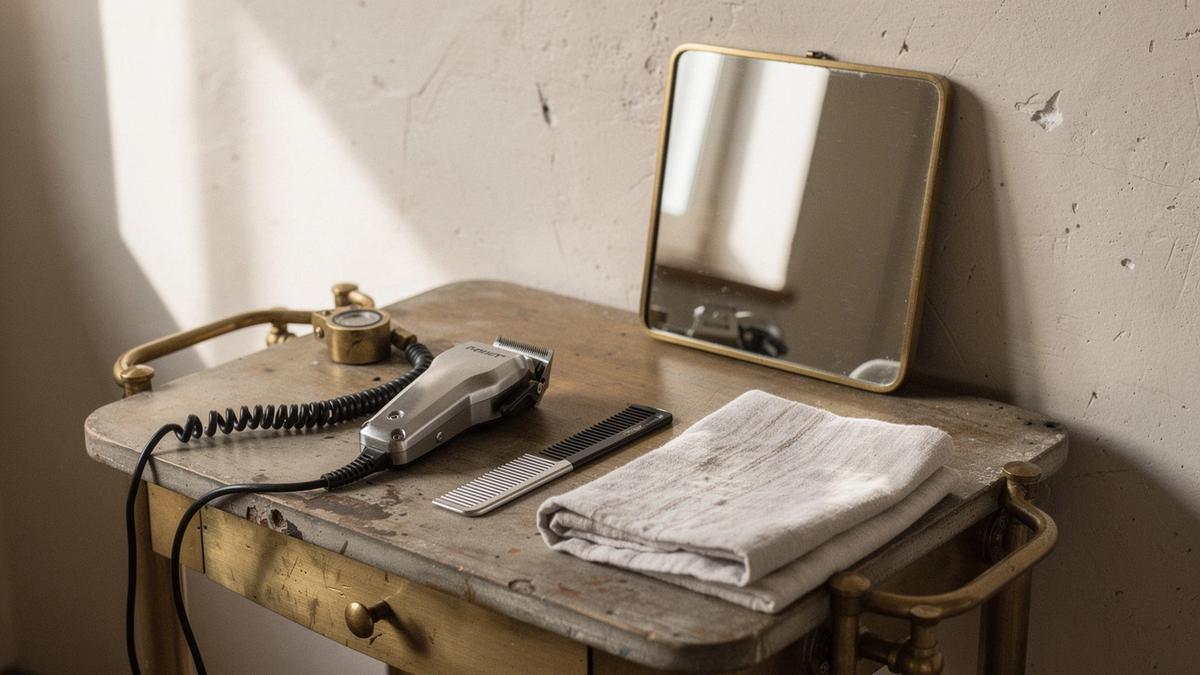 Barber station with clippers, combs and a folded towel set out for a consultation